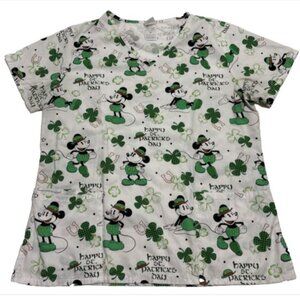 Disney Mickey Mouse Shamrock Scrub Top Womens Size M Med St Patricks Day Scrubs